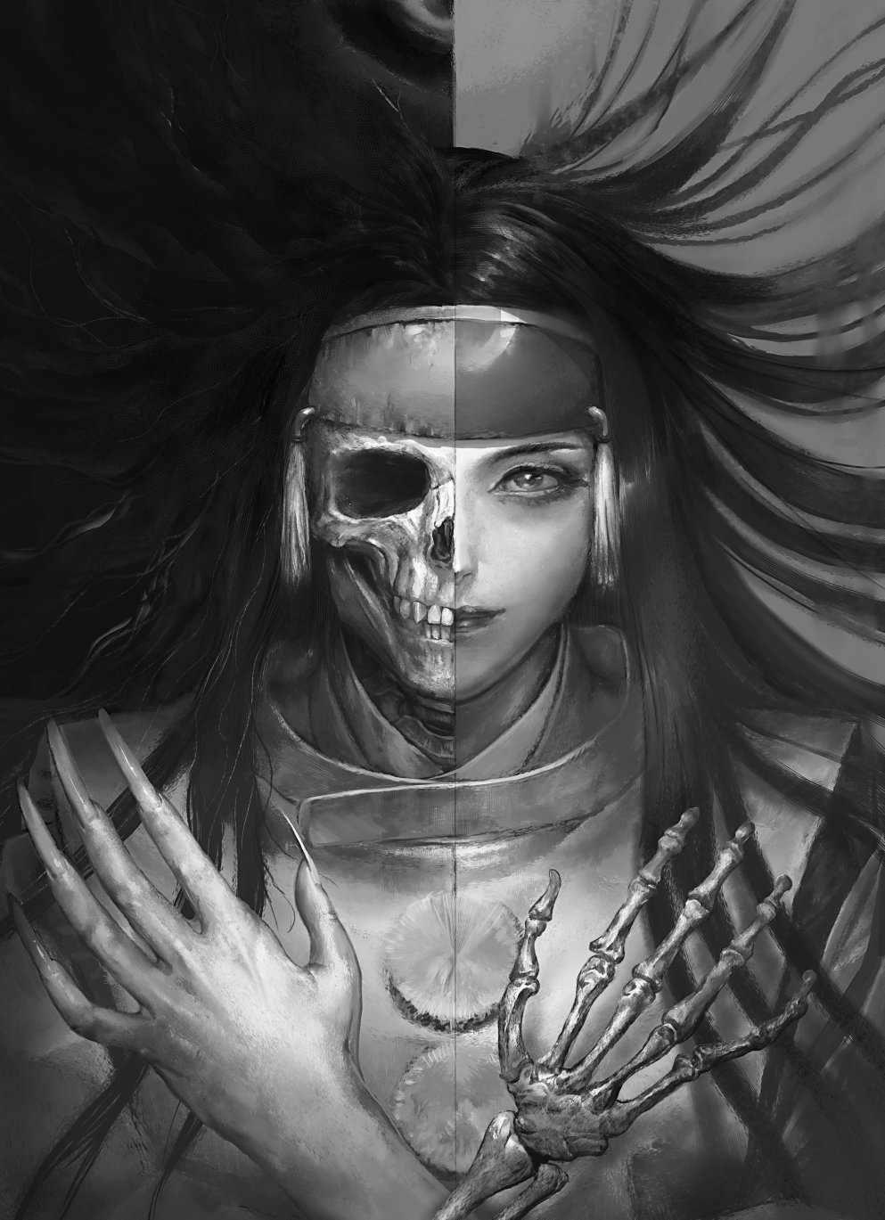 1girl crossed_arms fingernails floating_hair greyscale headband highres long_fingernails long_hair monochrome nao3art rashoujin_mizuki samurai_spirits skeletal_arm skull solo