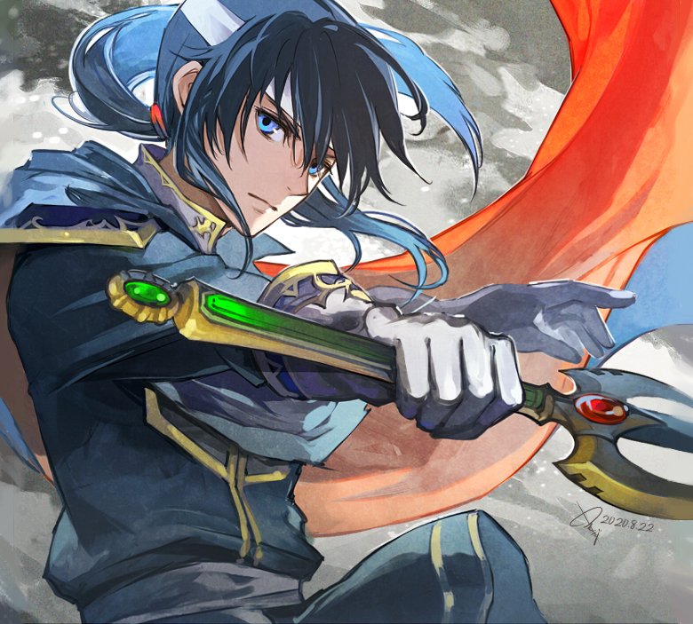 1boy bangs blue_eyes blue_hair cape closed_mouth fire_emblem fire_emblem:_genealogy_of_the_holy_war gloves headband holding holding_weapon looking_at_viewer male_focus medium_hair nij_24 ponytail seliph_(fire_emblem) solo sword tied_hair weapon