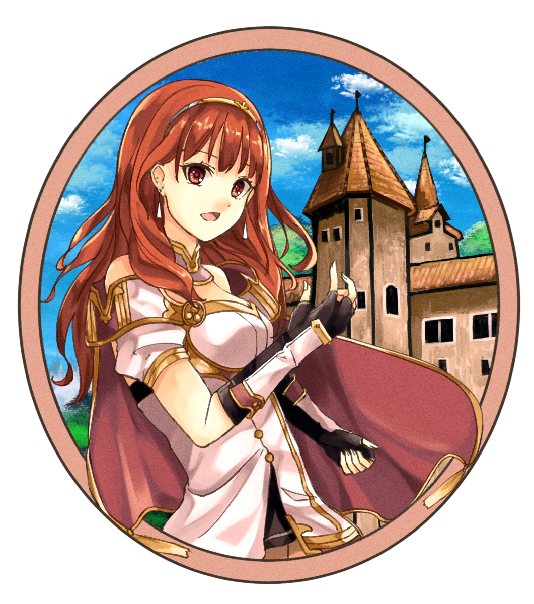 1girl :d black_gloves brown_hair cape celica_(fire_emblem) earrings elbow_gloves fingerless_gloves fire_emblem fire_emblem_echoes:_shadows_of_valentia fuussu_(21-kazin) gloves highres jewelry long_hair open_mouth red_cape red_eyes shiny shiny_hair short_sleeves smile solo very_long_hair