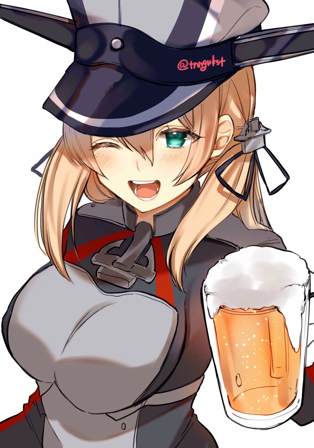 1girl alcohol anchor_hair_ornament aqua_eyes beer beer_mug blonde_hair cup hair_ornament hat highres kantai_collection long_hair looking_at_viewer low_twintails military military_hat military_uniform mug one_eye_closed peaked_cap prinz_eugen_(kantai_collection) simple_background solo tsunonigau twintails twitter_username uniform white_background