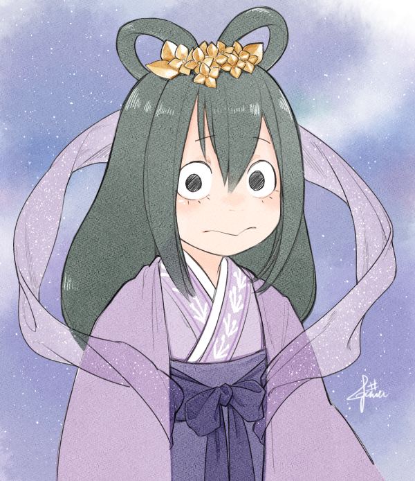 1girl asui_tsuyu black_eyes boku_no_hero_academia flower green_hair hair_flower hair_ornament hair_rings igawa333 japanese_clothes kimono long_hair looking_at_viewer night night_sky outdoors purple_kimono scarf signature sky solo tanabata upper_body