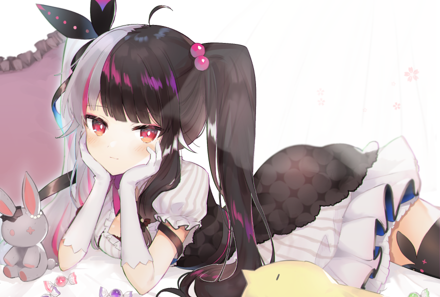 1girl ahoge animal_band_legwear black_hair black_legwear black_ribbon blush bunny_band_legwear closed_mouth commentary_request dress elbow_gloves frilled_pillow frills gloves hair_bobbles hair_ornament hair_ribbon hands_up long_hair lying multicolored_hair nijisanji on_stomach pillow pink_hair puffy_short_sleeves puffy_sleeves ribbon short_sleeves silver_hair smile solo streaked_hair striped stuffed_animal stuffed_bunny stuffed_toy thigh-highs toufu_mentaru_zabuton twintails two-tone_hair vertical-striped_dress vertical_stripes virtual_youtuber white_dress white_gloves yorumi_rena