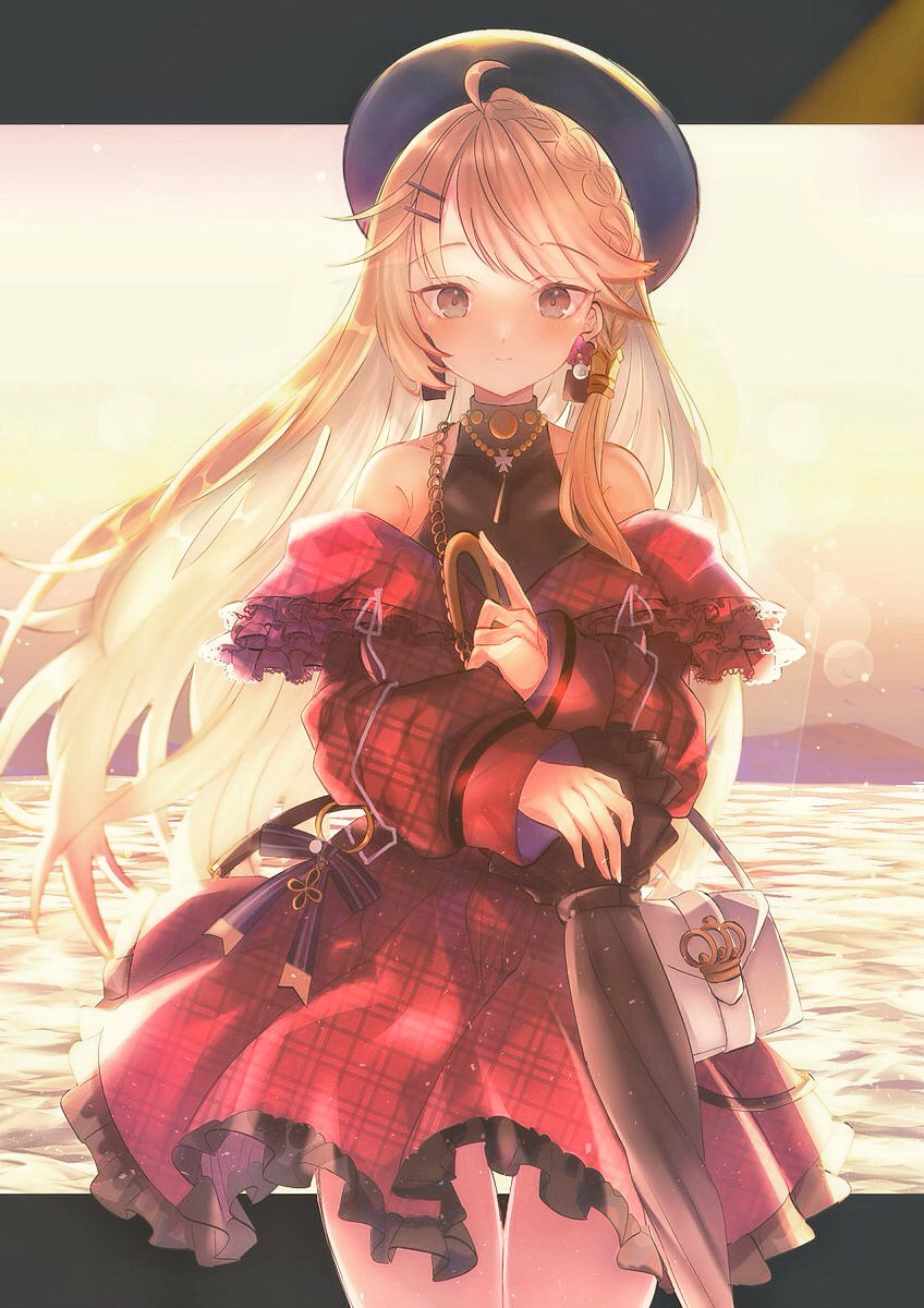 1girl azur_lane bag bangs bare_shoulders black_umbrella blonde_hair blue_eyes blush braid breasts collarbone commentary_request cowboy_shot dress dusk earrings eyebrows_visible_through_hair flower_earrings frilled_dress frills hair_ornament hairclip handbag hat highres holding holding_umbrella howe_(azur_lane) howe_(noble_rouge)_(azur_lane) jewelry lens_flare letterboxed long_hair long_sleeves looking_at_viewer multicolored_hair necklace ocean off-shoulder_dress off_shoulder plaid plaid_dress redhead shibaebi_(yasaip_game) sleeveless smile solo standing swept_bangs umbrella undershirt unmoving_pattern white_bag