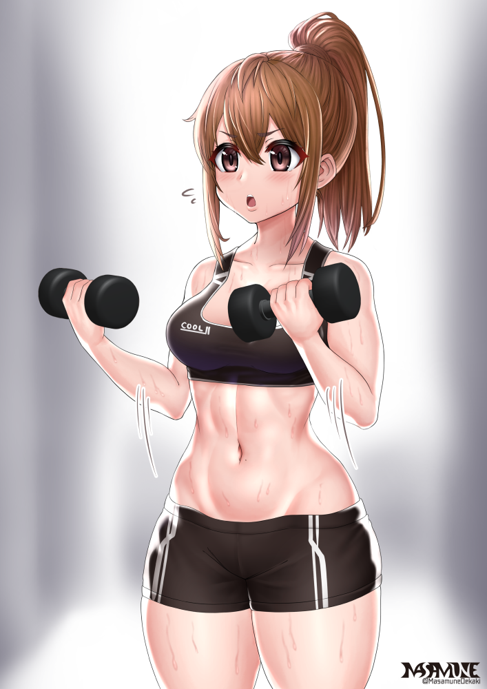 1girl :o artist_logo bangs bare_shoulders black_shorts black_sports_bra blush breasts brown_eyes brown_hair collarbone commentary_request cowboy_shot dumbbell eyebrows_visible_through_hair flying_sweatdrops gradient gradient_background groin hair_between_eyes holding long_hair looking_to_the_side masamune_oekaki medium_breasts midriff motion_lines navel original ponytail short_sleeves shorts sidelocks simple_background solo sports_bra standing sweat toned twitter_username white_background