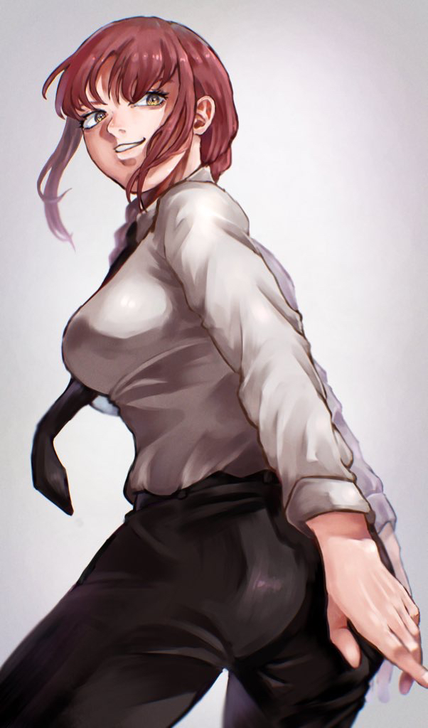 1girl ass bangs black_neckwear black_pants braid braided_ponytail breasts chainsaw_man collared_shirt eyebrows long_sleeves looking_back makima_(chainsaw_man) medium_breasts medium_hair necktie neckwear open_mouth pants ringed_eyes shirt shirt_tucked_in simple_background smile solo tomaton_(t_0) white_background white_shirt yellow_eyes