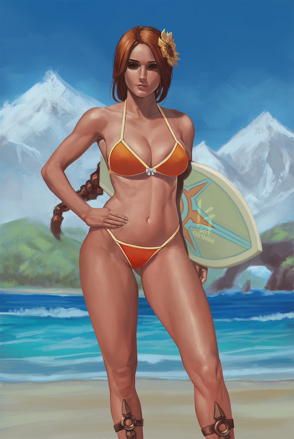 1girl bare_shoulders beach bikini blue_sky braid brown_eyes brown_hair closed_mouth collarbone fingernails g21mm hand_on_hip highres holding holding_surfboard league_of_legends leona_(league_of_legends) long_hair mountain ocean orange_bikini outdoors sand signature sky solo standing surfboard swimsuit water