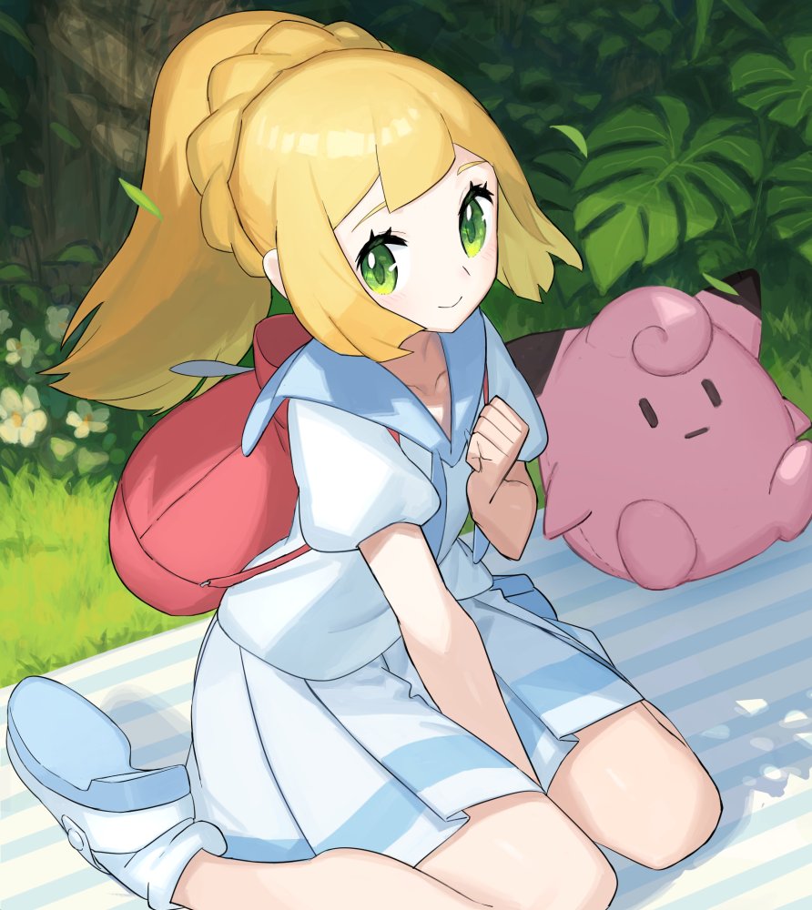 1girl backpack bag bangs between_legs blonde_hair braid character_doll chorefuji clefairy clenched_hand closed_mouth commentary day eyelashes flower gen_1_pokemon grass green_eyes hand_between_legs hand_up leaf lillie_(pokemon) looking_to_the_side outdoors pleated_skirt pokemon pokemon_(game) pokemon_sm ponytail shiny shiny_hair shirt shoes short_sleeves sitting skirt smile socks solo tree wariza white_legwear