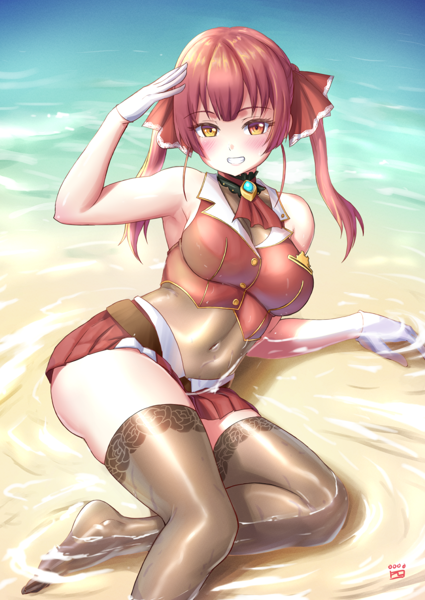 1girl :d arm_support arm_up armpits ascot bangs bare_shoulders beach belt blush bodystocking breasts brown_legwear covered_navel day eyebrows_visible_through_hair finalcake gloves grin hair_ribbon heterochromia highres hololive houshou_marine large_breasts long_hair looking_at_viewer lying miniskirt on_side open_mouth outdoors pleated_skirt purple_hair red_eyes red_neckwear red_ribbon red_skirt red_vest ribbon salute shallow_water signature skirt smile solo teeth thigh-highs thighs twintails vest water white_gloves yellow_eyes