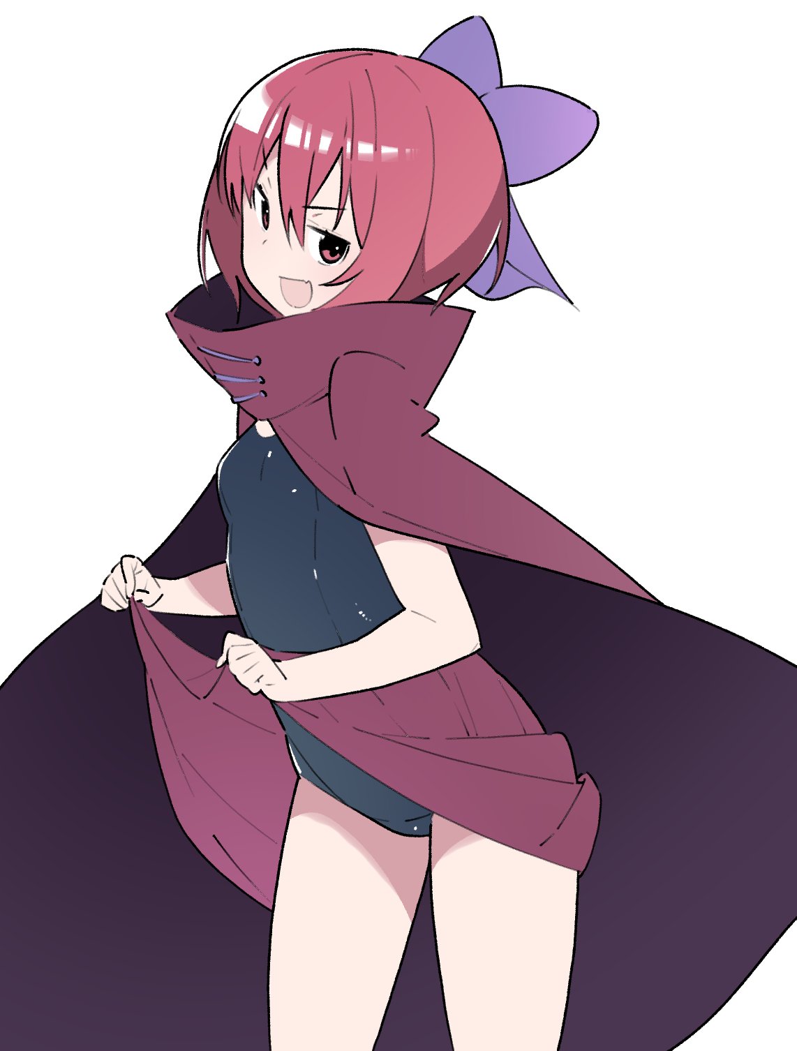 1girl black_swimsuit bow breasts cape commentary_request fang hair_bow high_collar highres kt_kkz one-piece_swimsuit open_mouth purple_bow red_cape red_eyes red_skirt redhead sekibanki short_hair simple_background skin_fang skirt skirt_lift small_breasts smile solo swimsuit swimsuit_under_clothes touhou white_background