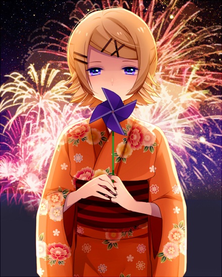 1girl bangs blonde_hair blue_eyes fireworks floral_print hair_ornament hairclip half-closed_eyes holding japanese_clothes kagamine_rin kimono looking_at_viewer nokuhashi orange_kimono print_kimono shiny shiny_hair short_hair solo standing swept_bangs vocaloid x_hair_ornament yukata