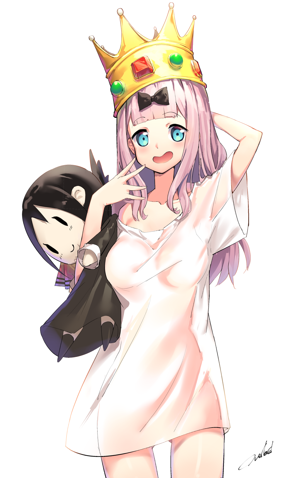 1girl alternate_costume arm_up bangs black_bow blue_eyes blunt_bangs blush bow breasts character_doll collarbone commentary_request cowboy_shot crown eyebrows_visible_through_hair fujiwara_chika gem hair_bow hand_behind_head highres holding kaguya-sama_wa_kokurasetai_~tensai-tachi_no_renai_zunousen~ large_breasts long_hair looking_at_viewer open_mouth overlord_(overlord80000) pink_hair see-through shinomiya_kaguya shirt shuuchiin_academy_uniform signature simple_background single_bare_shoulder smile solo white_background white_shirt