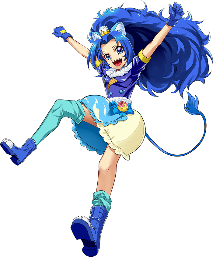 1girl :d animal_ear_fluff animal_ears arms_up asymmetrical_legwear black_jacket blue_eyes blue_footwear blue_gloves blue_hair blue_legwear blue_skirt boots cure_gelato fang full_body gloves hair_intakes jacket kirakira_precure_a_la_mode layered_skirt lion_ears lion_tail long_hair miniskirt open_mouth outstretched_arms precure rick.black shiny shiny_hair short_sleeves simple_background skirt smile solo tail tategami_aoi thigh-highs two-tone_skirt very_long_hair white_background yellow_skirt