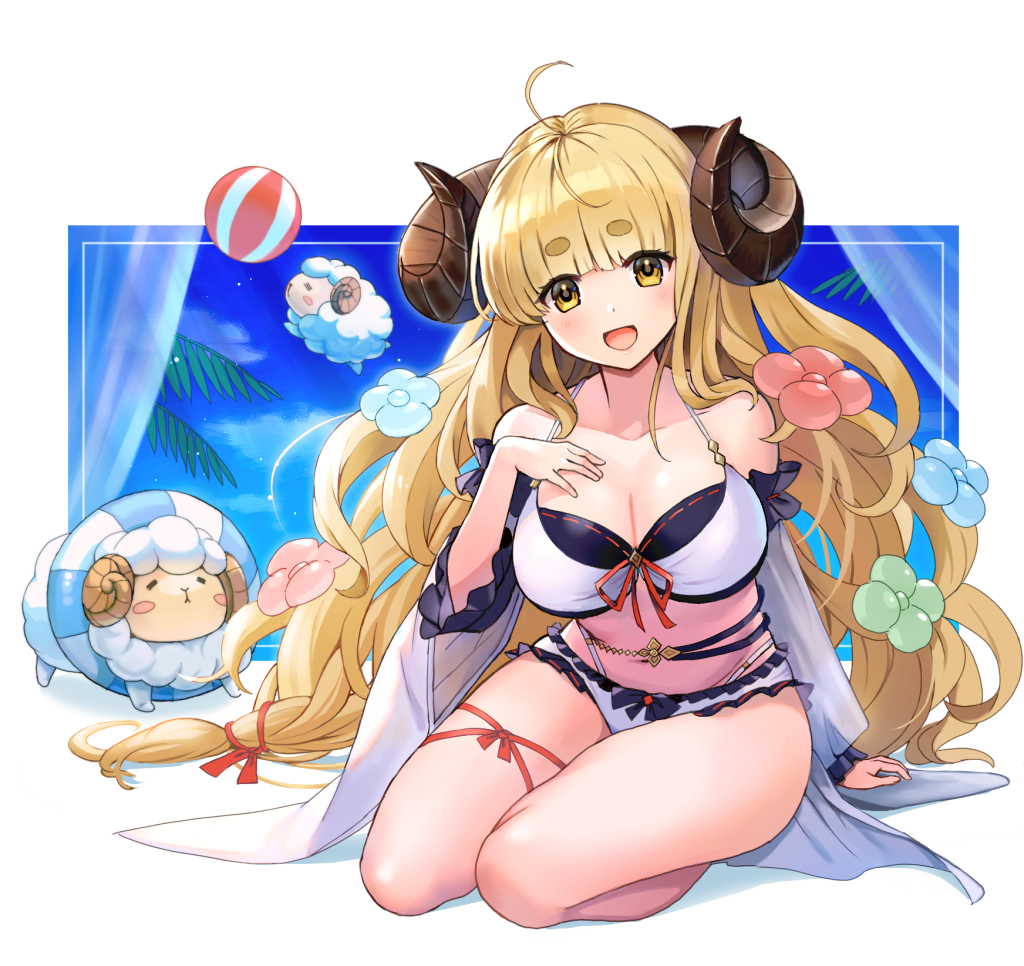 1girl anila_(granblue_fantasy) ball bangs bikini blonde_hair blue_sky blunt_bangs breasts clouds collarbone commentary_request curled_horns day detached_sleeves draph eyebrows_visible_through_hair full_body granblue_fantasy horns large_breasts long_hair looking_at_viewer noz_illust open_mouth sheep sheep_horns sitting sky smile solo swimsuit thick_eyebrows thighs white_bikini yellow_eyes