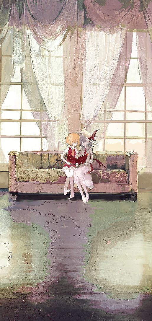 2girls bat_wings blonde_hair book bow braid couch crystal flandre_scarlet frilled_shirt frilled_skirt frills hat hat_ribbon indoors lavender_hair medium_hair mob_cap multiple_girls on_couch one_side_up puffy_short_sleeves puffy_sleeves red_bow red_ribbon red_skirt red_vest remilia_scarlet ribbon ribbon_trim shirt short_hair short_sleeves siblings sisters sitting skirt touhou twin_braids vest white_shirt wings yoshioka_yoshiko