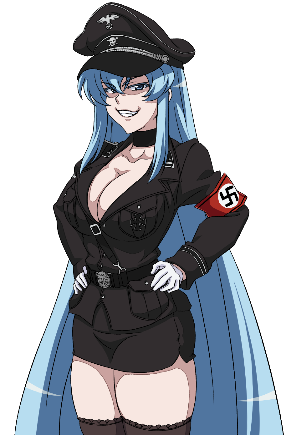 1girl akame_ga_kill! blue_hair breasts cleavage esdeath grin hideyoshiao1 huge_breasts large_breasts nazi nazism smug thick_thighs