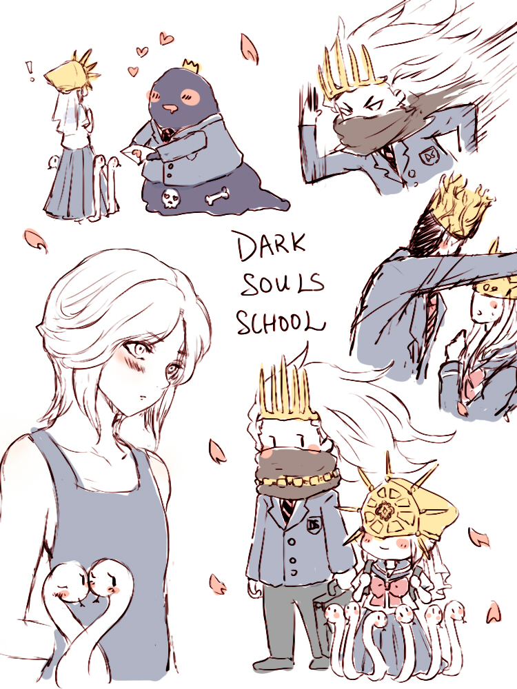 ! 4boys aldrich_devourer_of_gods angry animal bag bangs bare_shoulders black_scarf blazer blob blouse blue_tank_top blush chibi covered_eyes crown dark_souls dark_souls_iii dark_sun_gwyndolin drooling full_body grey_eyes heart holding holding_bag holding_letter jacket letter long_hair long_skirt love_letter mask monster multiple_boys nameless_king neckerchief necktie otoko_no_ko outstretched_hand parted_bangs petals pleated_skirt pontiff_sulyvahn red_neckwear ribbon running sailor_collar scarf school_uniform senkuro serafuku simple_background sketch skirt snake souls_(from_software) speed_lines sticker tank_top upper_body wall_slam white_background white_hair