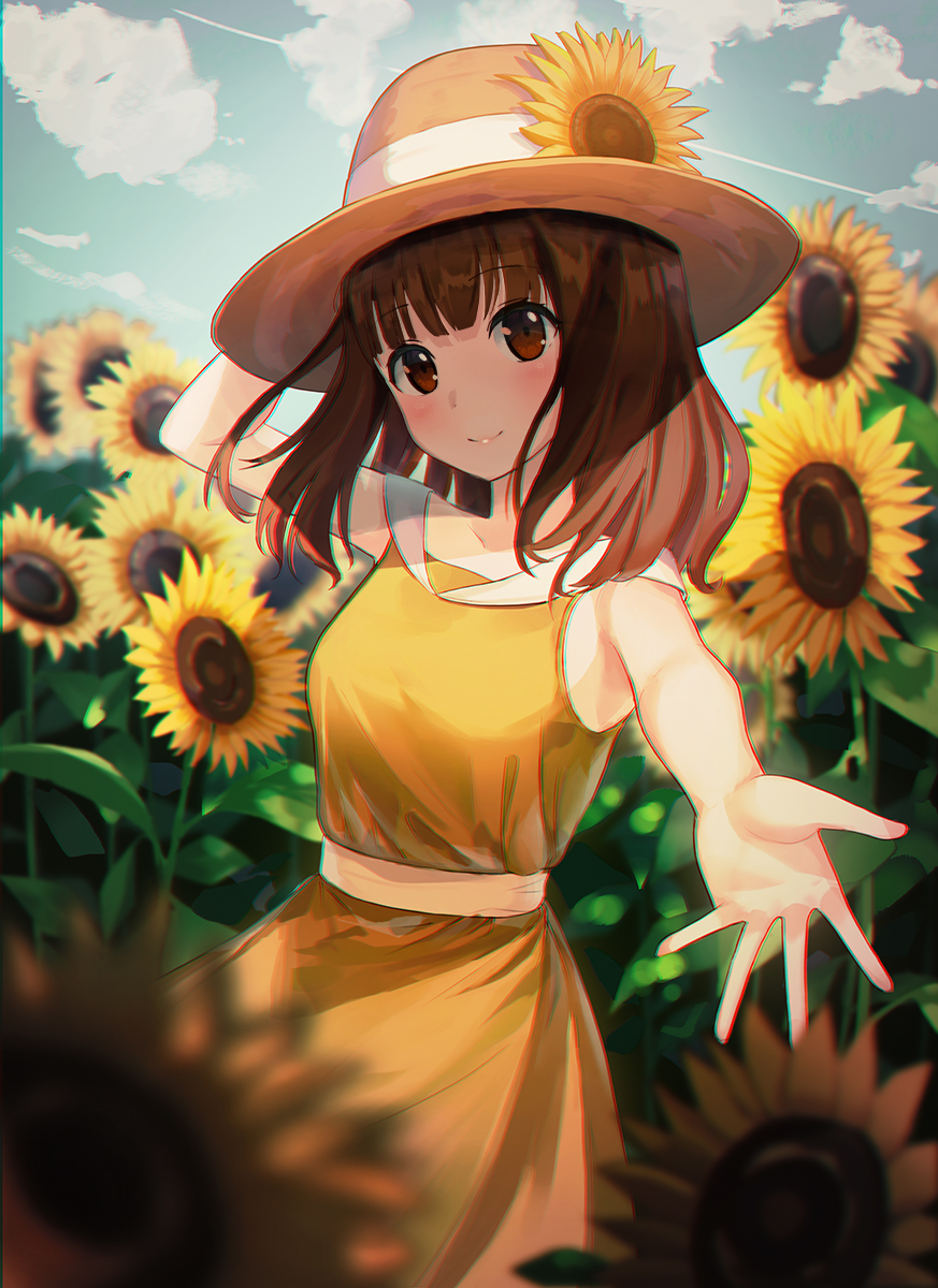 1girl alternate_eye_color alternate_hair_color bangs bare_arms blunt_bangs brown_eyes brown_hair closed_mouth clouds condensation_trail day dress eyebrows_visible_through_hair flower girls_und_panzer haires hand_on_headwear hat hat_flower highres leaf looking_at_viewer medium_hair outdoors outstretched_arm sky smile sun_hat sundress sunflower takebe_saori yellow_dress