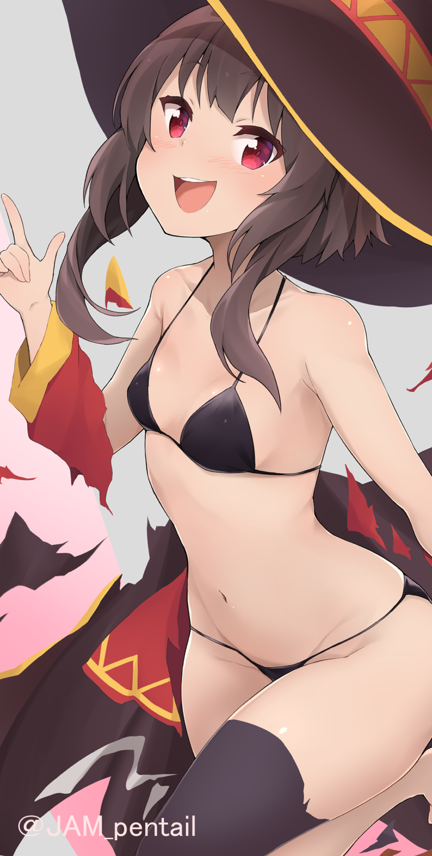 1girl :d alternate_costume artist_name bangs bare_shoulders bikini black_bikini black_legwear blush breasts brown_hair collarbone commentary_request groin hand_up hat highres index_finger_raised jampen kono_subarashii_sekai_ni_shukufuku_wo! looking_at_viewer megumin navel open_mouth red_eyes short_hair short_hair_with_long_locks single_thighhigh small_breasts smile solo stomach swimsuit thigh-highs upper_teeth witch_hat