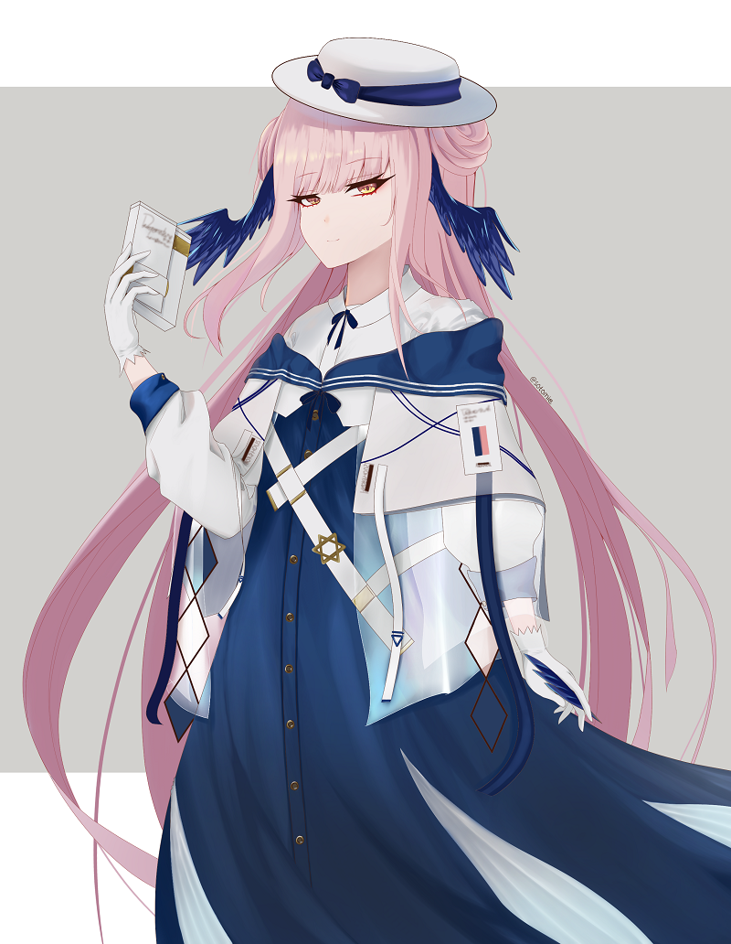 1girl arknights bag blue_dress brown_eyes ceylon_(arknights) dress eyebrows_visible_through_hair gloves grey_background hair_bun hair_wings hat holding holding_bag jacket long_hair looking_at_viewer pink_hair solo sotomie white_gloves white_headwear