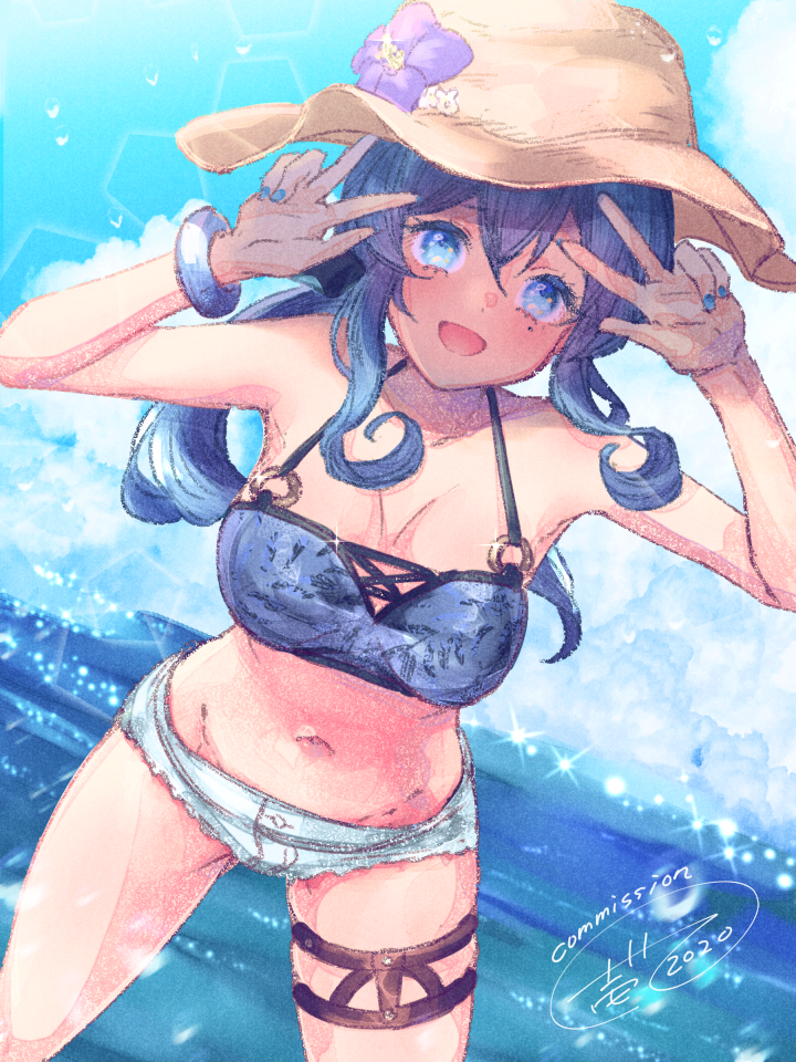 1girl :d bikini blue_eyes blue_hair blue_nails breasts clouds collarbone commission day double_v fingernails flower gotland_(kantai_collection) groin hair_between_eyes hat ittokyu kantai_collection long_hair medium_breasts mole mole_under_eye nail_polish navel ocean open_mouth purple_flower signature smile solo sparkle sun_hat swimsuit v water