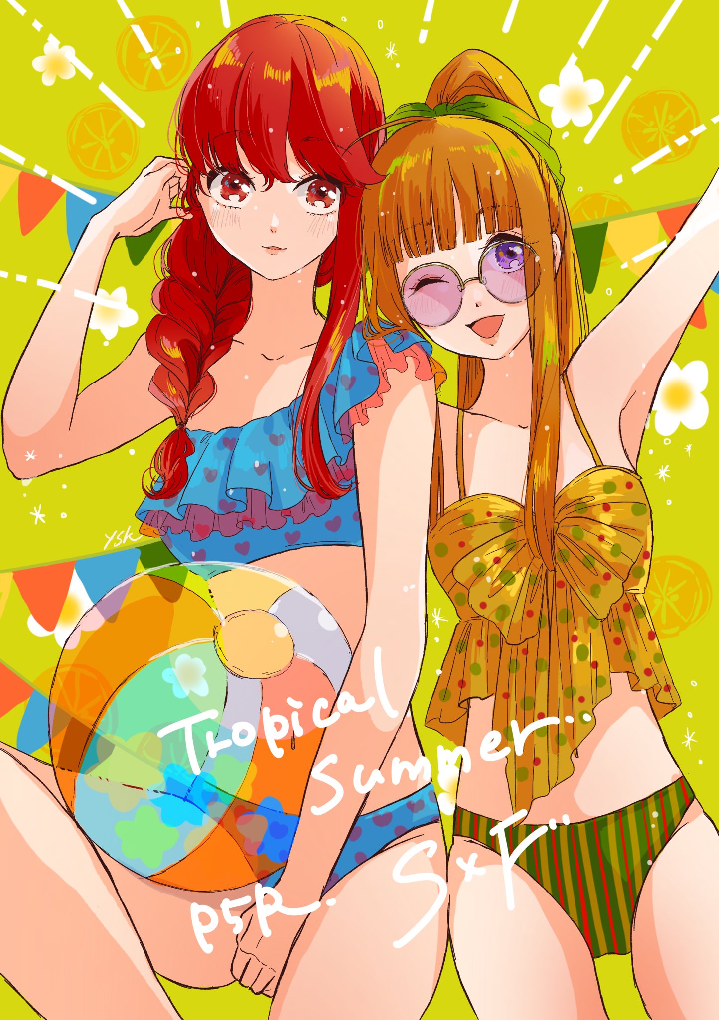 2girls armpits ball beachball bikini blue_bikini bow braid camisole english_text eyebrows_visible_through_hair frilled_bikini frills hair_bow hair_tucking high_ponytail highres long_hair looking_at_viewer multiple_girls one_eye_closed orange_hair persona persona_5 persona_5_the_royal polka_dot polka_dot_bikini red_eyes redhead sakura_futaba sitting smile striped striped_bikini sunglasses swimsuit violet_eyes yasuu! yoshizawa_kasumi