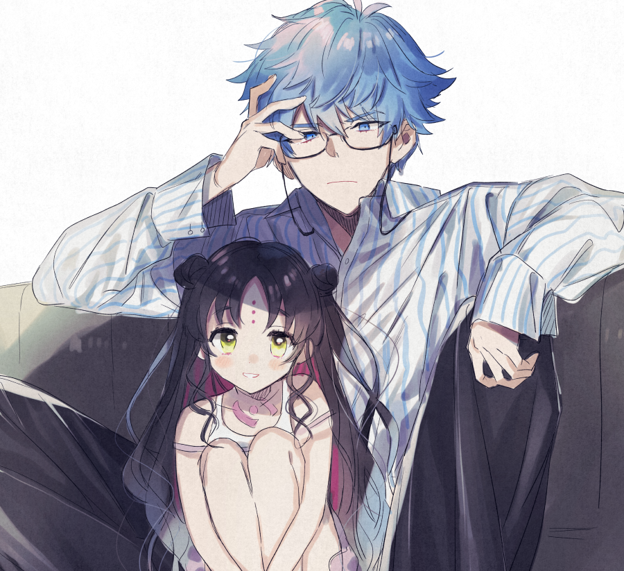 1boy 1girl black_hair blue_eyes blue_hair couch facial_mark fate/grand_order fate_(series) forehead_mark glasses hans_christian_andersen_(fate) leg_hug long_hair sesshouin_kiara_(lily) shirt sitting striped striped_shirt wani_(mezo) yellow_eyes