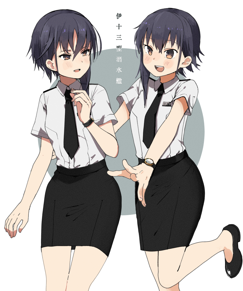 2girls :d alternate_costume annin_musou asymmetrical_hair black_footwear black_hair black_neckwear black_skirt blush brown_eyes collared_shirt i-13_(kantai_collection) i-14_(kantai_collection) kantai_collection long_hair multiple_girls necktie open_mouth pencil_skirt shirt short_sleeves skirt smile upper_teeth watch watch white_shirt