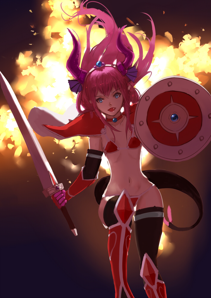 1girl :d armor armored_boots bangs bikini bikini_armor black_legwear black_sleeves blue_eyes boots choker collarbone detached_sleeves dragon_girl elizabeth_bathory_(brave)_(fate) elizabeth_bathory_(fate)_(all) fang fate/grand_order fate_(series) flat_chest floating_hair hair_between_eyes hairband holding holding_sword holding_weapon horns knee_boots kwi_(kawaiin) long_hair long_sleeves looking_at_viewer open_mouth pink_hair red_bikini red_choker red_footwear shoulder_armor smile solo spaulders swimsuit sword tail thigh-highs very_long_hair weapon white_hairband