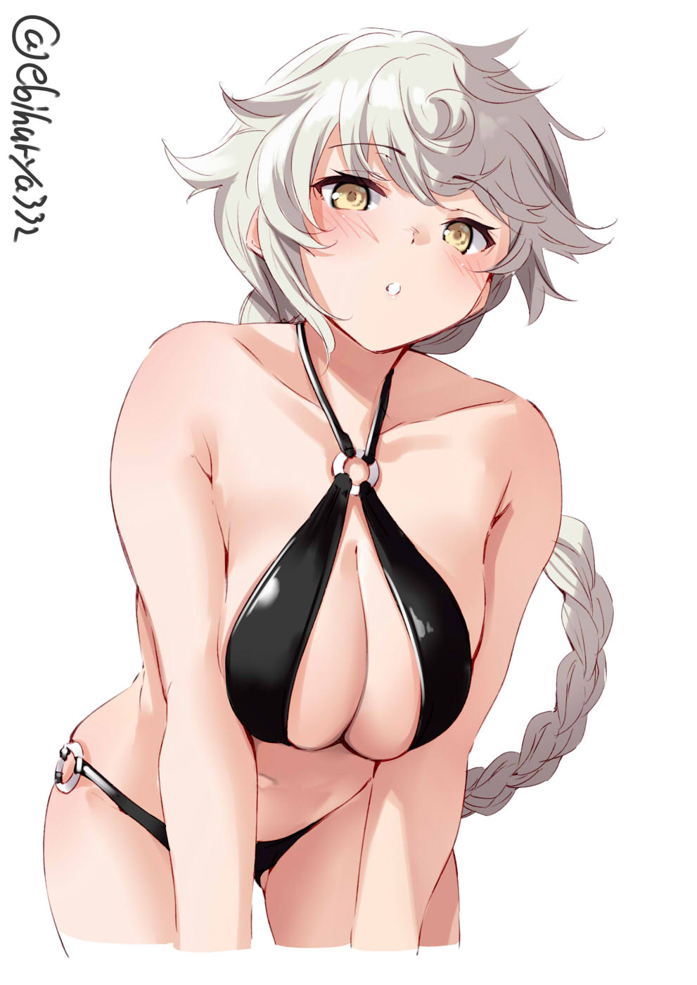 1girl asymmetrical_hair bare_arms bare_shoulders bikini black_bikini blush braid breasts collarbone cropped_legs ebifurya eyebrows_visible_through_hair highres kantai_collection large_breasts long_hair navel o-ring o-ring_bikini parted_lips simple_background single_braid solo swimsuit twitter_username unryuu_(kantai_collection) very_long_hair white_background white_hair yellow_eyes