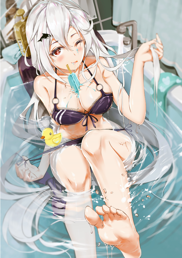 1girl ;) ;p arknights bangs barefoot bathtub between_breasts bikini bikini_pull black_bikini blush bodhi_wushushenghua breasts commentary faucet feet_out_of_frame food front-tie_bikini front-tie_top hair_ornament indoors large_breasts long_hair looking_at_viewer no_hat no_headwear o-ring o-ring_bikini one_eye_closed popsicle pulled_by_self red_eyes rubber_duck silver_hair sitting skadi_(arknights) smile solo swimsuit tongue tongue_out water whale_hair_ornament