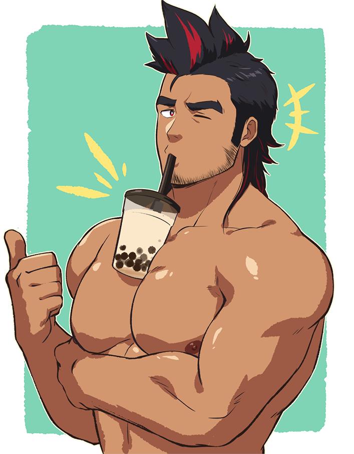 1boy abs bara between_pecs black_eyes black_hair bubble_tea bubble_tea_challenge chest cropped_torso drink facial_hair looking_at_viewer male_focus manly meme multicolored multicolored_eyes multicolored_hair muscle nipples object_on_pectorals original pectorals red_eyes redhead solo streaked_hair thumbs_up upper_body zombies_inc.