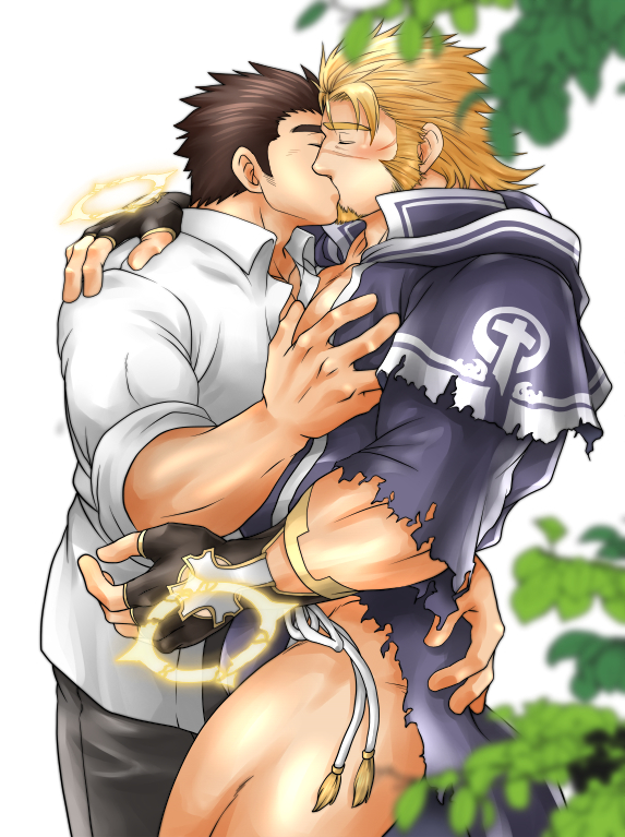 2boys bara beard blush brown_hair chest commission couple facial_hair jacob_(tokyo_houkago_summoners) kiss male_focus manly master_3_(tokyo_houkago_summoners) multiple_boys muscle pectoral_grab pectorals revealing_clothes skeb_commission sunfight0201 thick_eyebrows thick_thighs thighs tokyo_houkago_summoners torn_clothes upper_body yaoi
