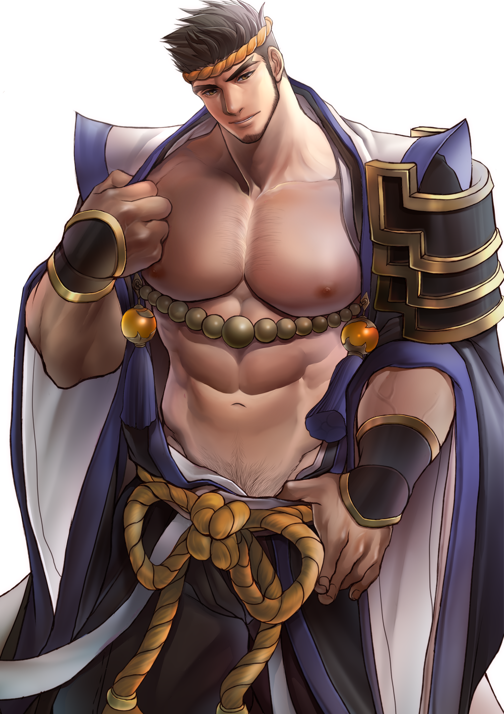 1boy abs bara beard black_hair blush chest chest_hair chillasan come_hither facial_hair gyee highres lan_(gyee) looking_at_viewer male_focus male_pubic_hair manly muscle nipples orange_eyes pectorals pubic_hair shirtless simple_background smile solo thighs upper_body