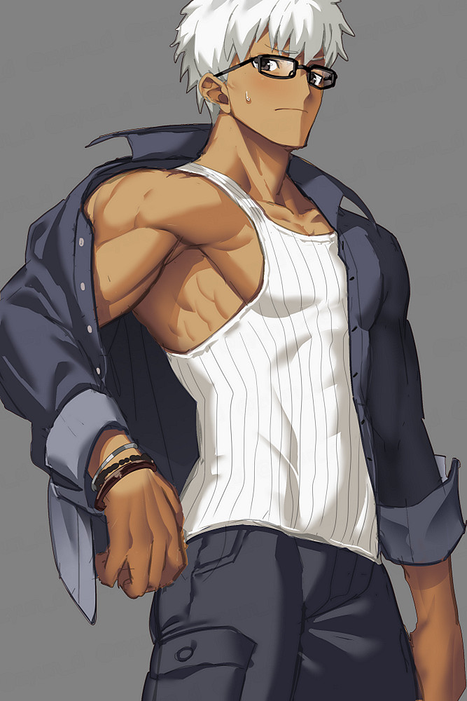 1boy alternate_costume archer armpits brown_eyes chest dark_skin dark_skinned_male fate/stay_night fate_(series) glasses long_sleeves male_focus muscle pectorals short_hair sketch solo summer_casual_(fate/grand_order) sweatdrop undressing white_hair zyunya