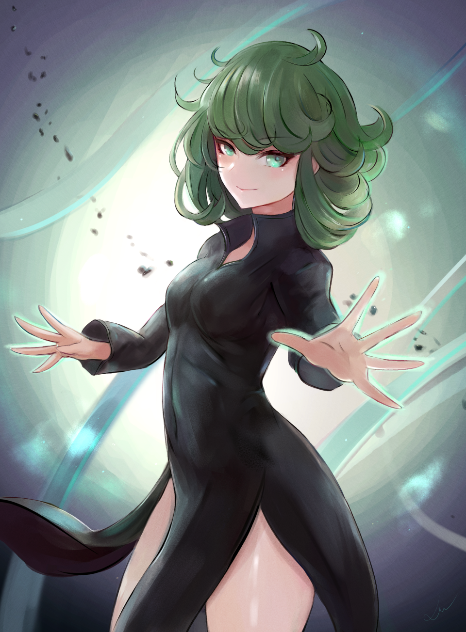 1girl aura black_dress blush breasts dress green_eyes green_hair highres leonmandala long_sleeves looking_at_viewer medium_hair one-punch_man open_hands side_slit small_breasts smile solo tatsumaki telekinesis thighs