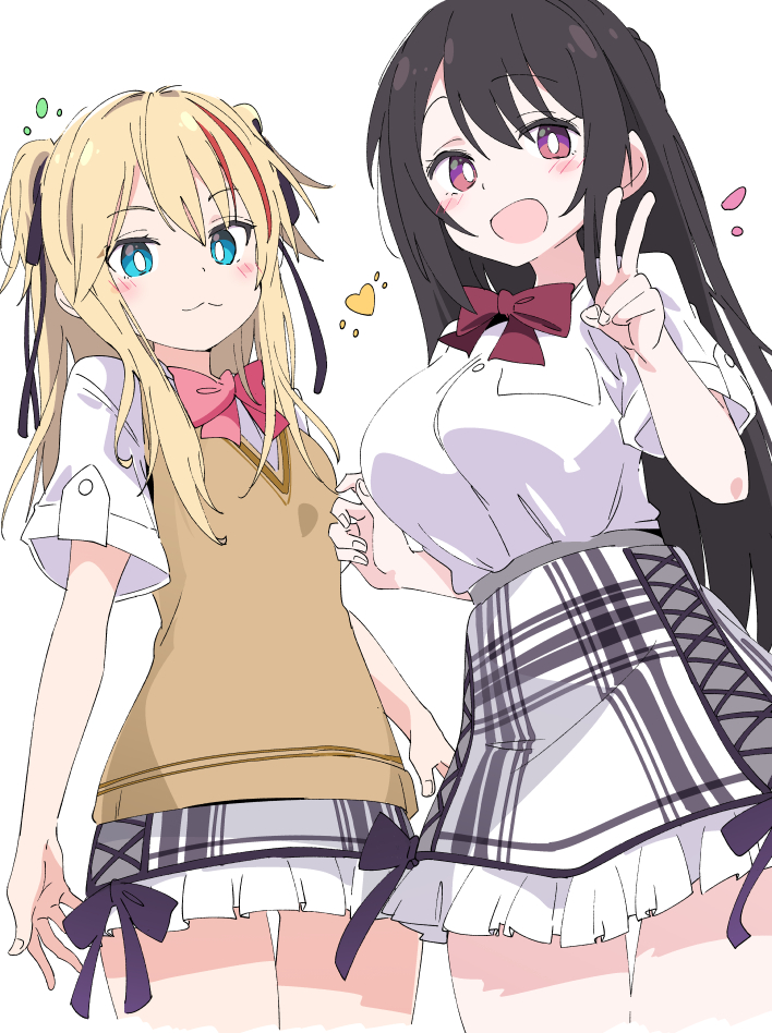 2girls black_hair black_ribbon blonde_hair blue_eyes blush bow bowtie breasts character_request copyright_request hair_ribbon hand_up ixy large_breasts long_hair looking_at_viewer multicolored_hair multiple_girls open_mouth plaid plaid_skirt red_eyes red_neckwear redhead ribbon school_uniform shirt short_sleeves simple_background skirt streaked_hair thighs two_side_up v white_background white_shirt white_skirt
