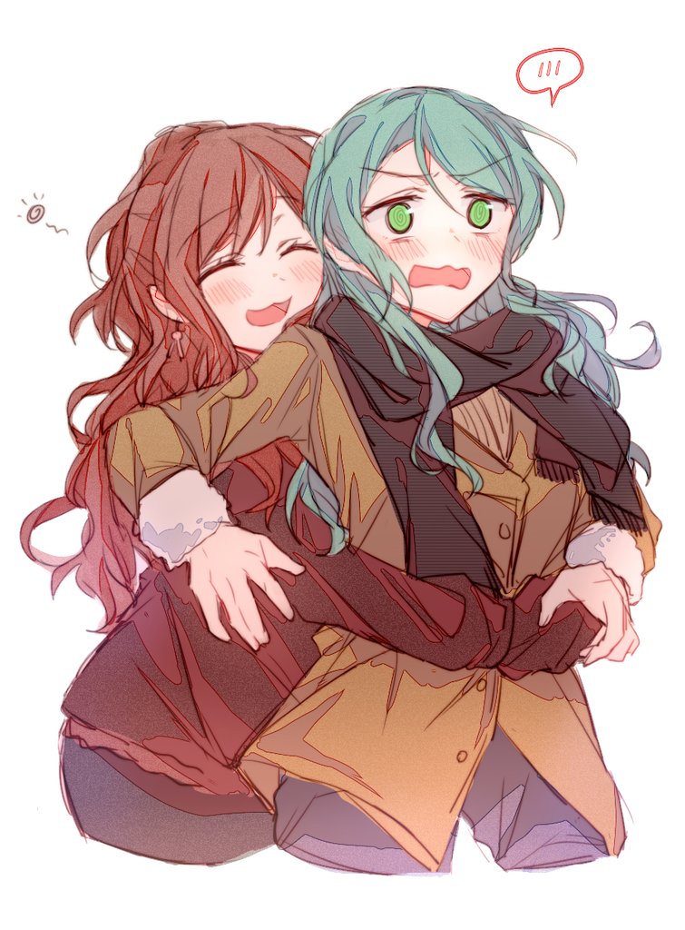 2girls @_@ arm_around_waist bang_dream! bangs black_scarf blush brown_coat brown_hair closed_eyes coat cropped_legs green_eyes green_hair hair_between_eyes hayano_hikawa hikawa_sayo hug hug_from_behind imai_lisa long_hair long_sleeves multiple_girls open_mouth scarf smile spoken_blush white_background yuri