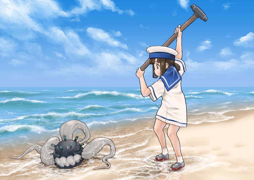 1girl beach brown_hair closed_mouth clouds daitou_(kantai_collection) day dress enemy_naval_mine_(kantai_collection) from_side hammer harukaze_unipo hat holding kantai_collection ocean outdoors ponytail profile sailor_collar sailor_dress sailor_hat shinkaisei-kan short_ponytail short_sleeves sky socks standing tentacles water white_dress white_headwear white_legwear