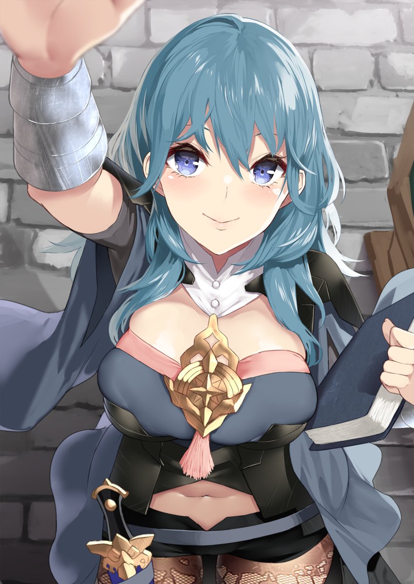 1girl arm_up black_shorts blue_eyes blue_hair book byleth_(fire_emblem) byleth_eisner_(female) closed_mouth dagger fire_emblem fire_emblem:_three_houses highres holding holding_book navel_cutout sheath sheathed short_shorts shorts smile solo weapon yappen