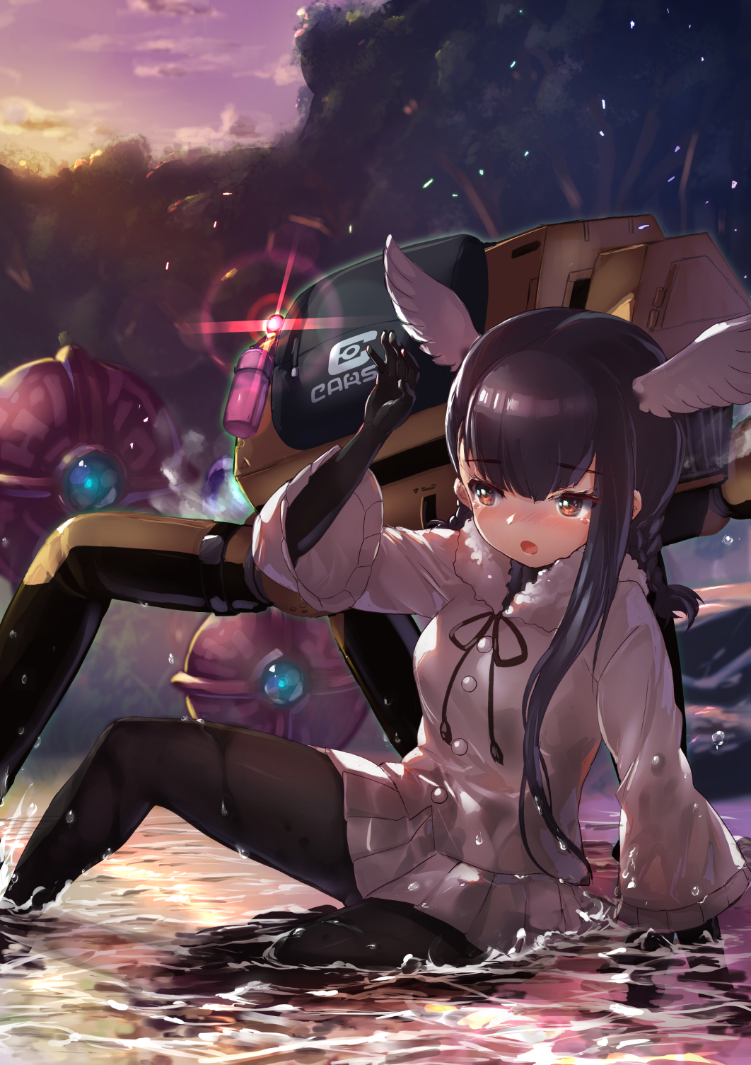 1girl bangs bird_girl bird_wings black-headed_ibis_(kemono_friends) black_gloves black_hair black_legwear black_neckwear bow bowtie braid brown_eyes cellien_(kemono_friends) commentary elbow_gloves frilled_sleeves frills fur_collar gloves head_wings highres jacket kemono_friends lens_flare long_hair long_sleeves pantyhose pleated_skirt robot skirt sunset tadano_magu twin_braids water white_fur white_jacket white_skirt wings