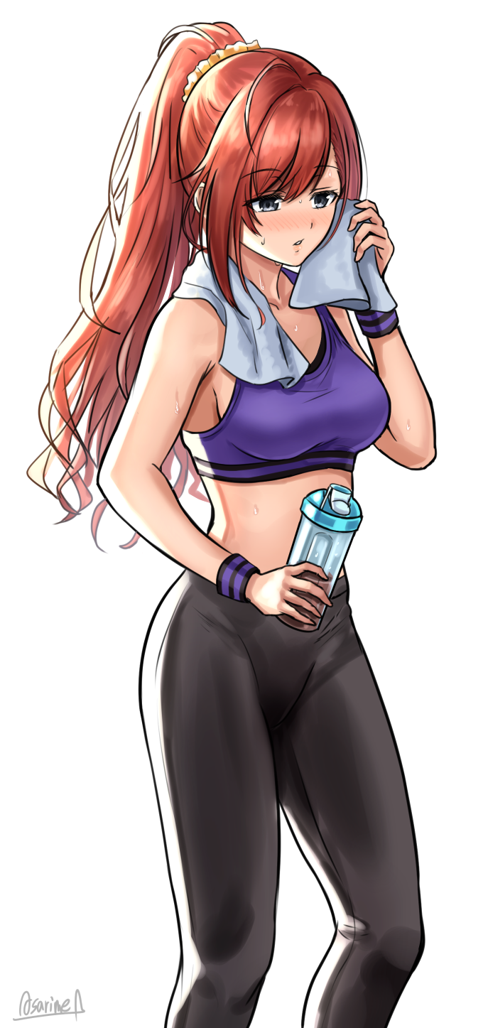 arisugawa_natsuha bangs black_eyes black_pants blush bottle breasts eyebrows_visible_through_hair feet_out_of_frame hair_ornament hair_scrunchie high_ponytail highres holding holding_bottle idolmaster idolmaster_shiny_colors long_hair looking_away looking_down medium_breasts nose_blush pants parted_lips redhead scrunchie simple_background sports_bra standing su77sty sweat sweatband swept_bangs towel towel_around_neck white_background wiping_sweat yoga_pants