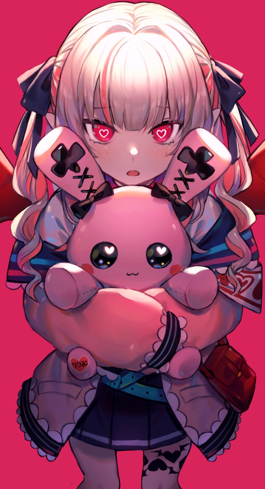 1girl an_(pomerani_an) armband bag belt black_ribbon blush commentary cowboy_shot demon_wings eyebrows_visible_through_hair grey_hair hair_ribbon handbag heart heart-shaped_pupils highres jacket long_hair looking_at_viewer makaino_ririmu multicolored_hair nijisanji off_shoulder open_clothes open_jacket open_mouth pink_hair pink_jacket red_eyes red_wings ribbon shirt simple_background skirt sleeves_past_fingers sleeves_past_wrists solo streaked_hair stuffed_animal stuffed_bunny stuffed_toy symbol-shaped_pupils symbol_commentary thigh_tattoo two-tone_hair two_side_up virtual_youtuber wings