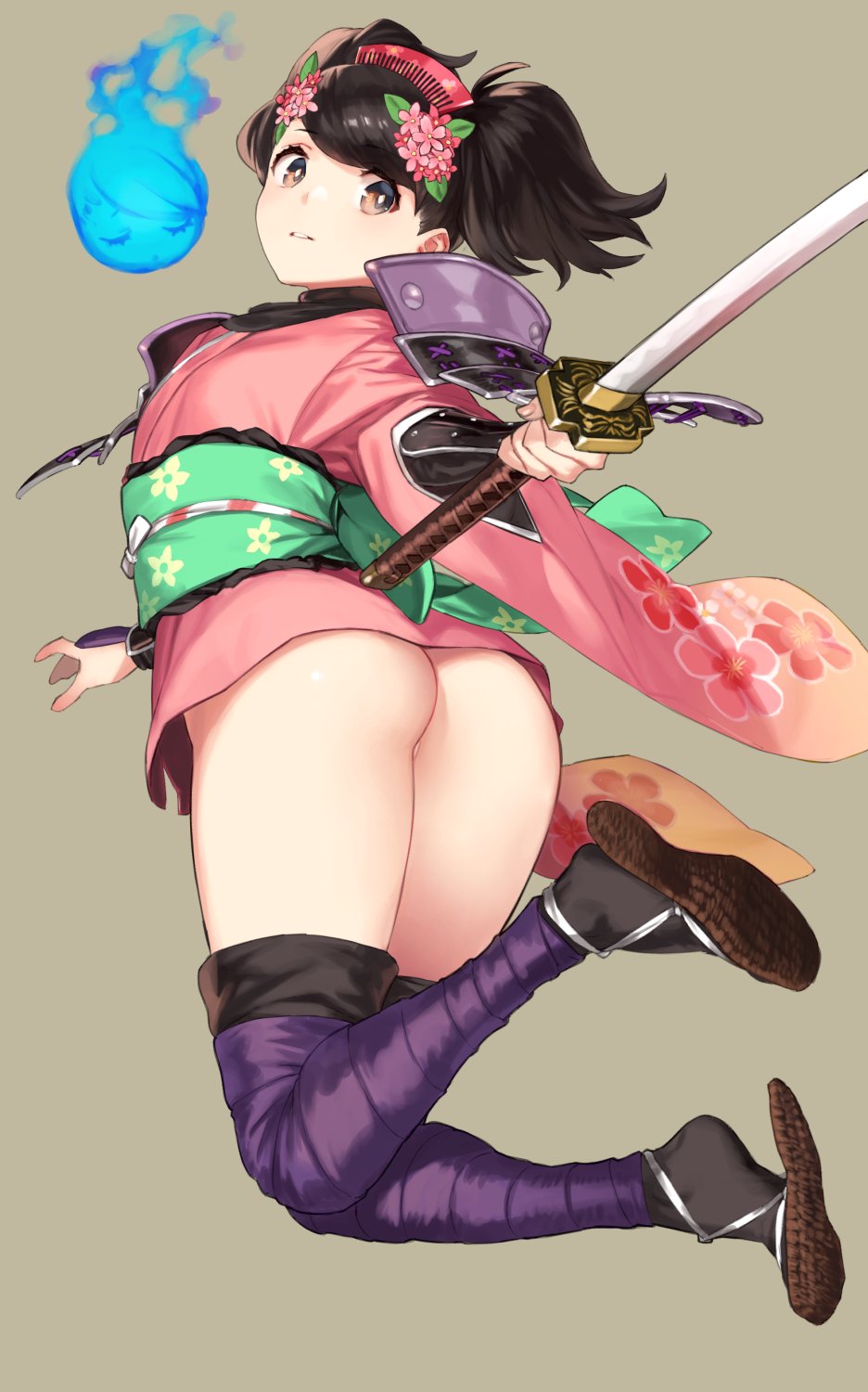 1girl 92m armor ass bangs black_hair blush breasts brown_eyes comb floral_print flower hair_flower hair_ornament highres hitodama japanese_armor japanese_clothes katana kimono kote legs long_sleeves looking_at_viewer medium_hair momohime obi oboro_muramasa pink_kimono purple_legwear sandals sash short_kimono shoulder_armor small_breasts sode sword thigh-highs vanillaware weapon wide_sleeves