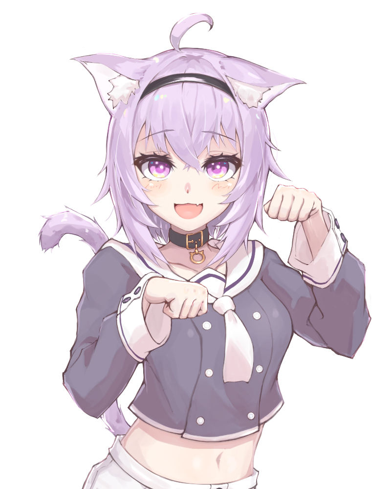 1girl :3 :d ahoge animal_ears blush cat_ears cat_tail collarbone commentary_request crop_top eyebrows_visible_through_hair fang hair_between_eyes hairband hololive long_sleeves looking_at_viewer navel nekomata_okayu open_mouth paw_pose purple_hair sailor_collar simple_background smile solo tail uchukurage_san violet_eyes virtual_youtuber white_background