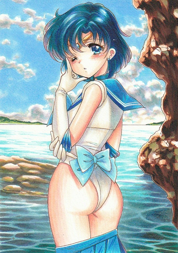 1girl ass back_bow bangs bishoujo_senshi_sailor_moon blue_bow blue_hair blue_sailor_collar blue_skirt blush bow circlet day earrings elbow_gloves gloves hair_between_eyes jewelry leotard looking_at_viewer looking_back marker_(medium) mizuno_ami ocean one_eye_closed outdoors parted_lips pleated_skirt sailor_collar sailor_mercury sailor_senshi_uniform shiny shiny_hair short_hair skirt skirt_pull solo standing tomoeri traditional_media white_gloves white_leotard