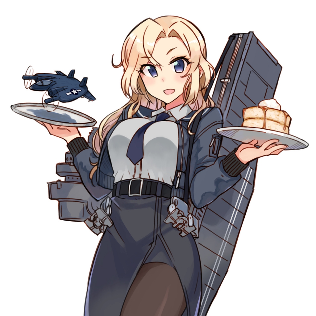 1girl aircraft bangs belt black_belt black_legwear black_skirt blonde_hair blue_neckwear blush bomber_jacket breasts english_commentary eyebrows_visible_through_hair food gun_case holding holding_plate hornet_(kantai_collection) jacket kantai_collection kusanagi_tonbo large_breasts long_hair long_sleeves necktie neckwear_between_breasts open_mouth pancake pantyhose pencil_skirt plate simple_background skirt solo sweat syrup wavy_mouth white_background xf5u