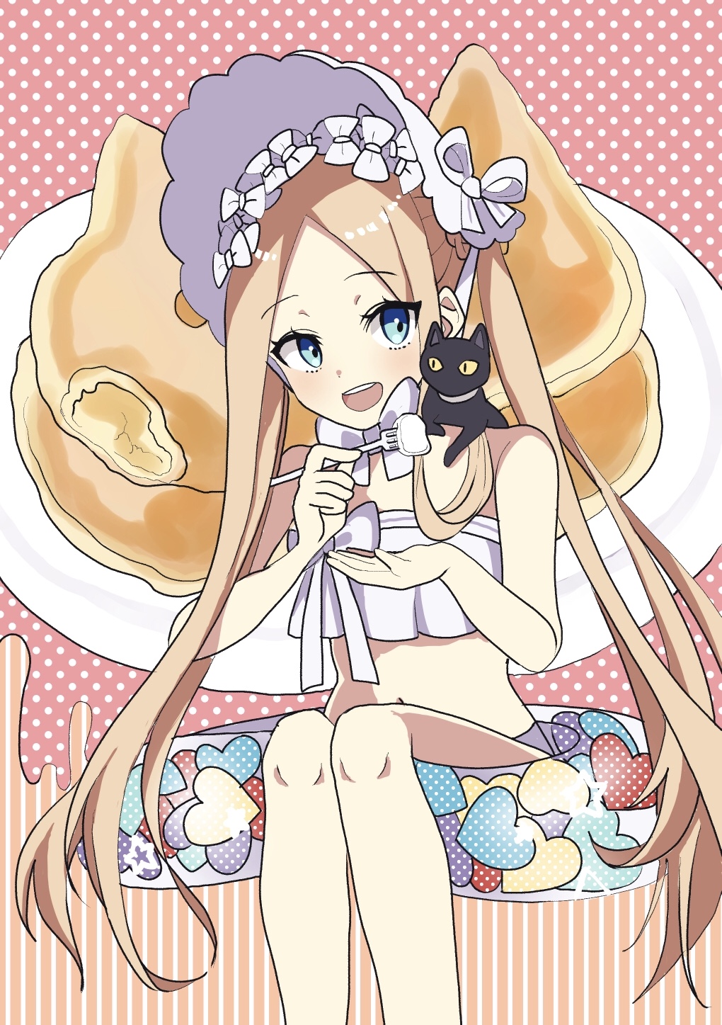 1girl abigail_williams_(fate/grand_order) abigail_williams_(swimsuit_foreigner)_(fate) bangs bare_shoulders bikini black_cat blonde_hair blue_eyes blush bonnet bow braid breasts cat fate/grand_order fate_(series) food forehead fork hair_bow hair_rings highres innertube long_hair looking_to_the_side loska navel open_mouth parted_bangs sidelocks sitting small_breasts smile swimsuit thighs twin_braids twintails very_long_hair white_bikini white_bow white_headwear