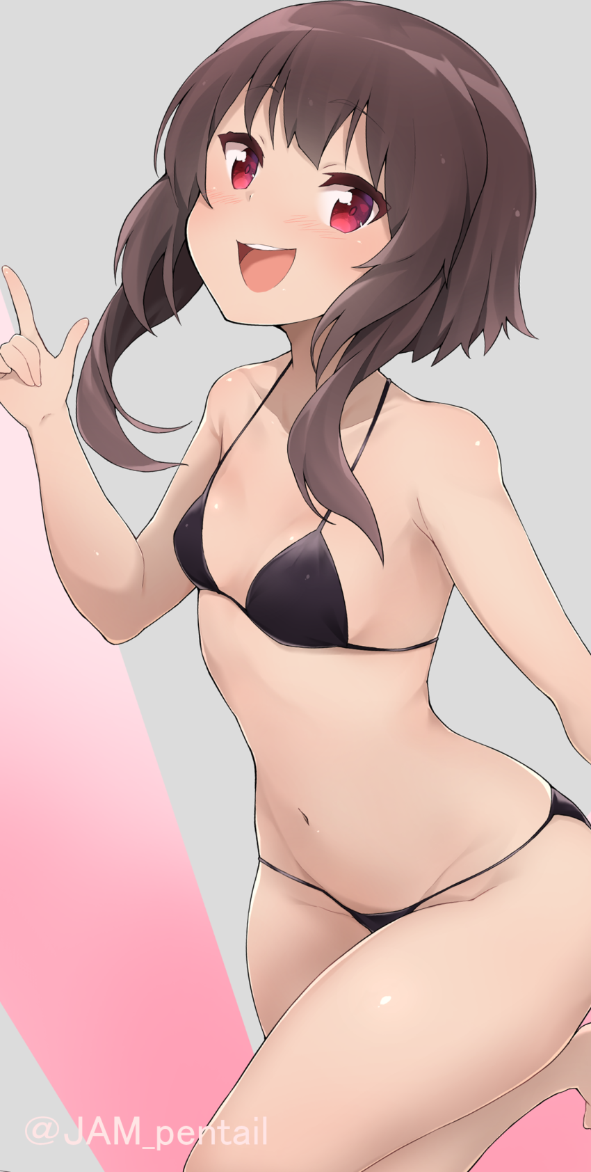 1girl :d bangs bare_arms bare_legs bare_shoulders bikini black_bikini blush breasts brown_hair collarbone commentary_request eyebrows_visible_through_hair hand_up highres index_finger_raised jampen kono_subarashii_sekai_ni_shukufuku_wo! looking_at_viewer megumin navel open_mouth red_eyes short_hair short_hair_with_long_locks sidelocks small_breasts smile solo stomach swimsuit thighs twitter_username