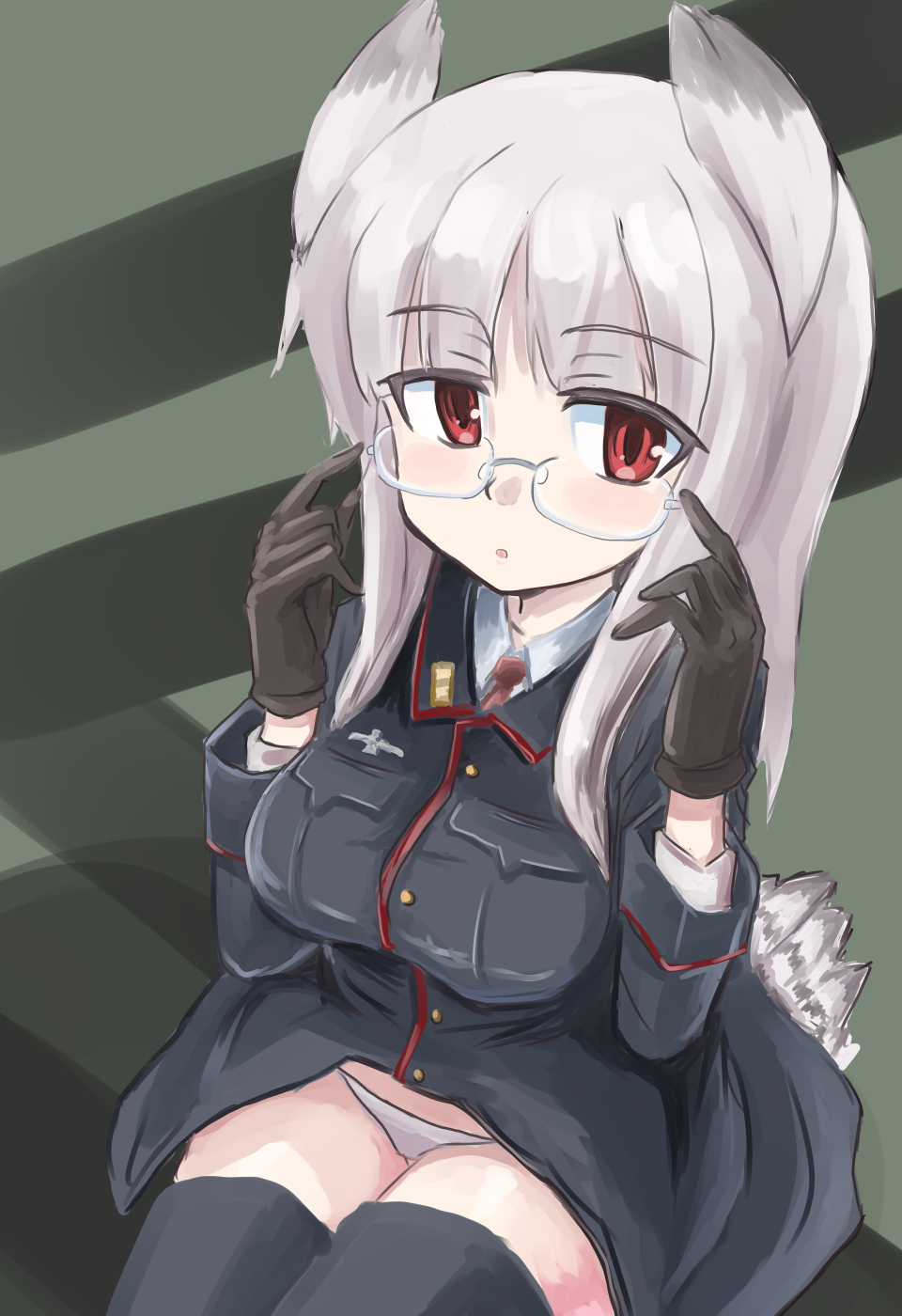 1girl animal_ears black_legwear blush breasts commentary_request glasses gloves head_wings heidimarie_w_schnaufer higezamurai_(kurage_gunsou) highres large_breasts long_hair military military_uniform panties red_eyes silver_hair solo strike_witches tail thigh-highs underwear uniform white_hair world_witches_series