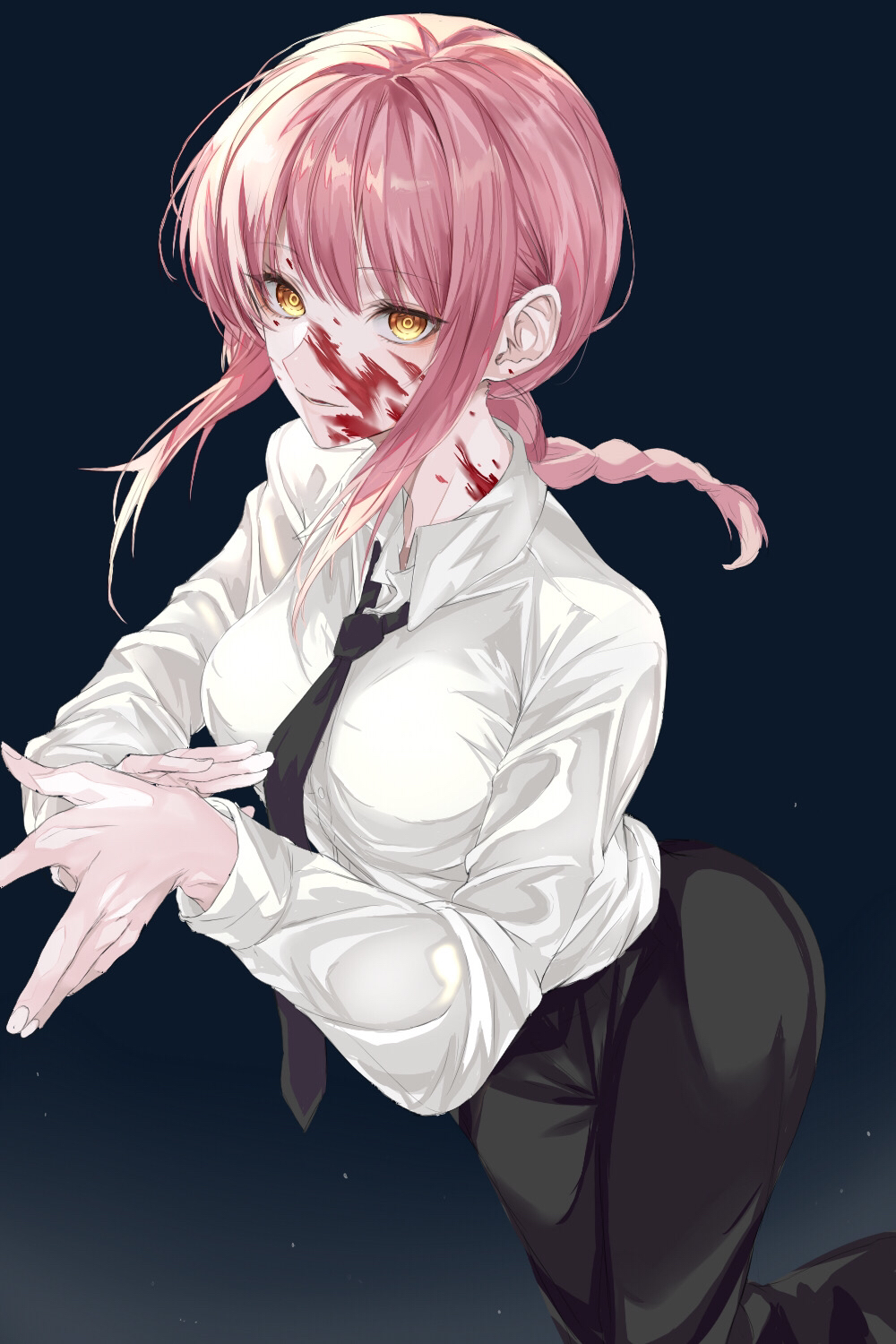 1girl bangs black_background black_neckwear black_pants blood blood_on_face blood_splatter braid braided_ponytail breasts chainsaw_man collared_shirt full_body hands_together highres long_sleeves looking_at_viewer makima_(chainsaw_man) medium_breasts medium_hair necktie neckwear pants pink_hair ringed_eyes shirt shirt_tucked_in shiwa_(eda_mamui) simple_background solo white_shirt yellow_eyes